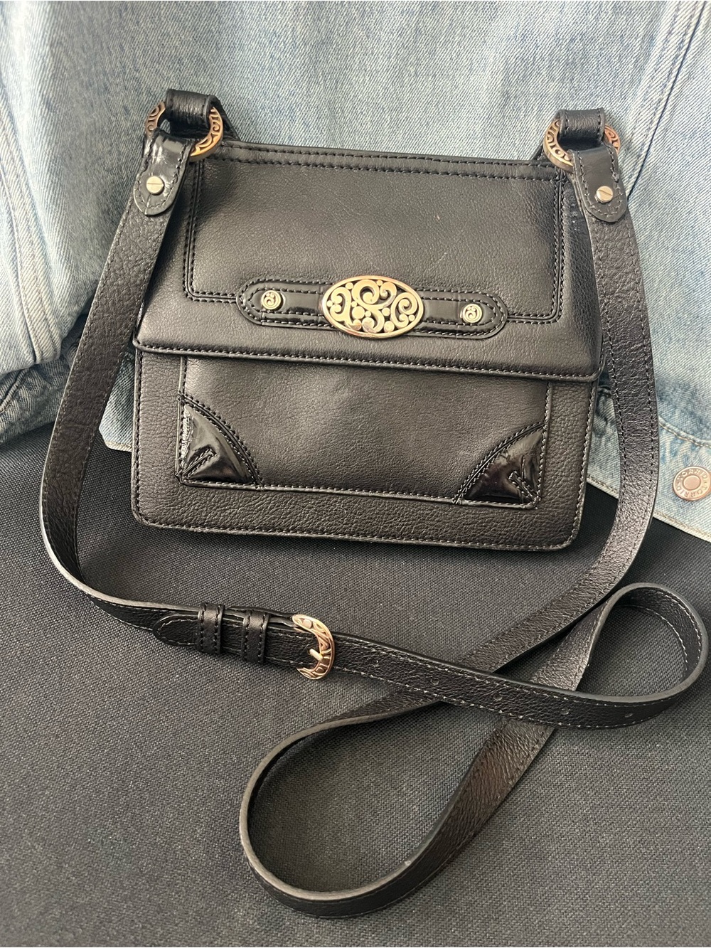 Brighton Black Leather Crossbody Bag with Gold/Silver Filigree Accent